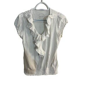 INC International Concepts Womens White Ruffle V Neck Short Sleeve Top SZ Medium